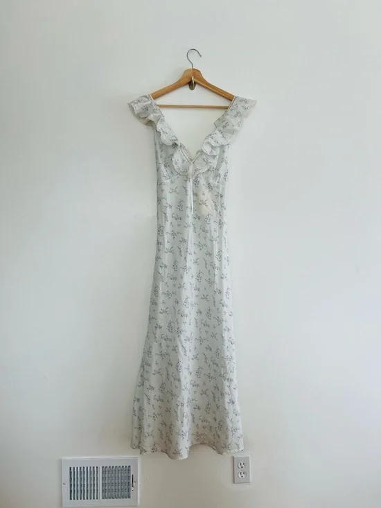 Doen Lucette Floral Maxi Dress Organic Cotton Lace Trim Blue White Size L NWT - Picture 2 of 9